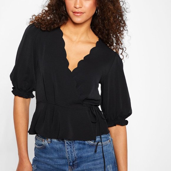 TOPSHOP Black Puff Sleeve Wrap Blouse - Picture 1 of 4